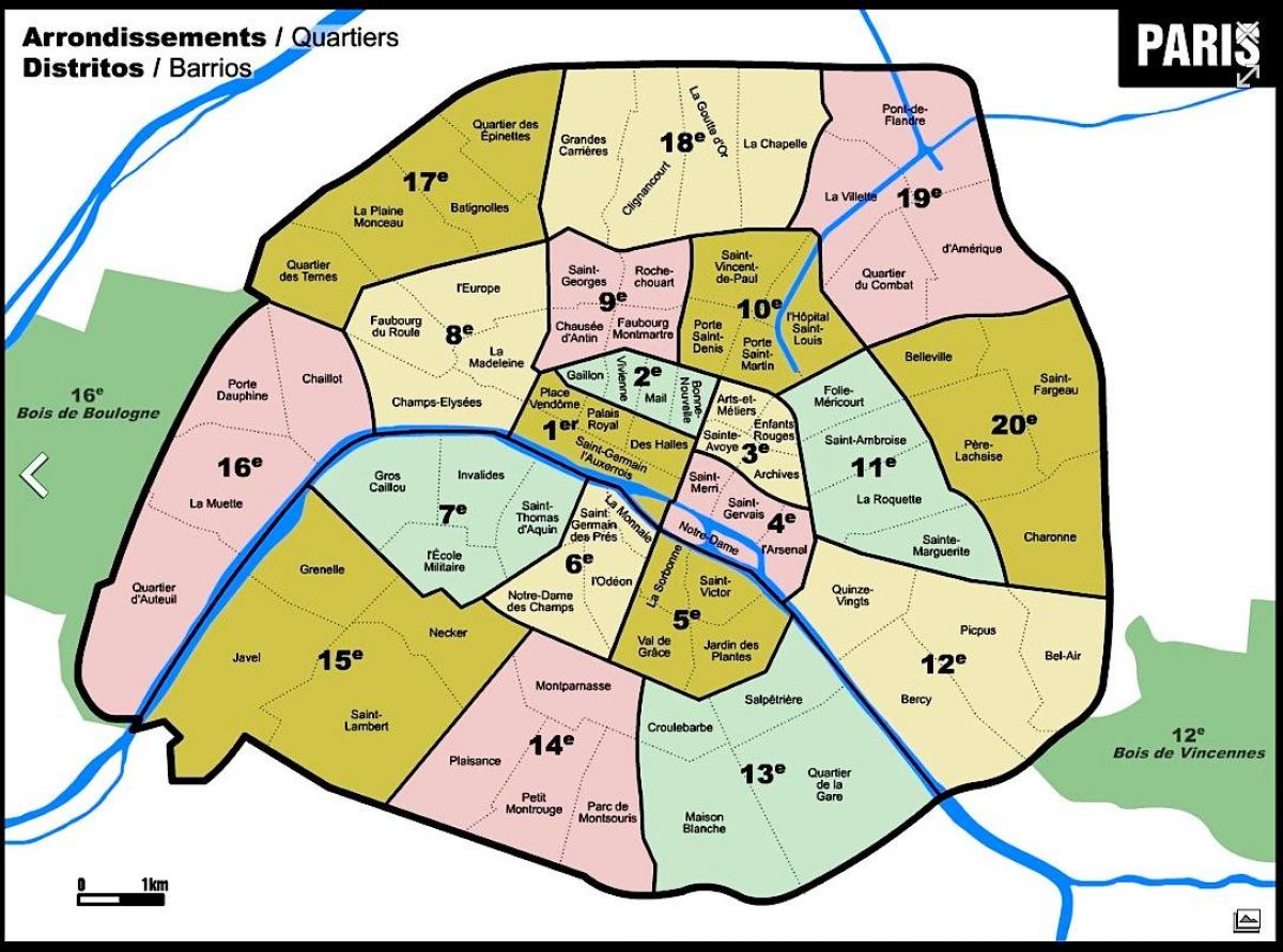 Mapa de Paris com arrondissements